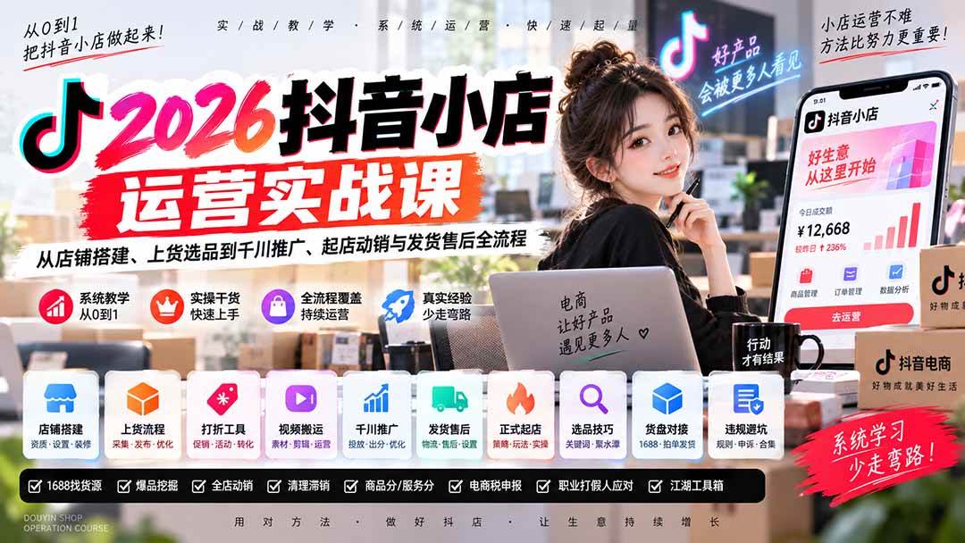 (9.22)2026抖音小店运营实战课｜从店铺搭建、上货选品到千川推广、起店动销与发货售后全流程