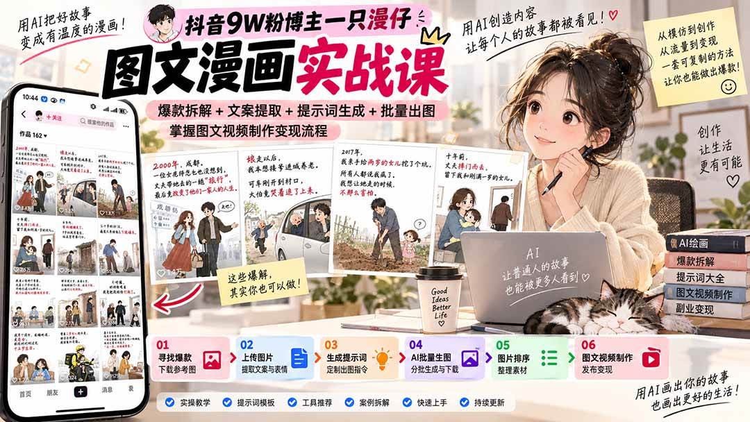 (9.23)抖音9W粉博主一只漫仔图文漫画课：爆款拆解+文案提取+提示词生成+批量出图，掌握图文视频制作变现流程