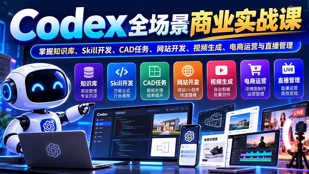 (9.30)【无水印】Codex全场景商业实战课：掌握知识库、Skill开发、CAD任务、网站开发、视频生成、电商运营与直播管理