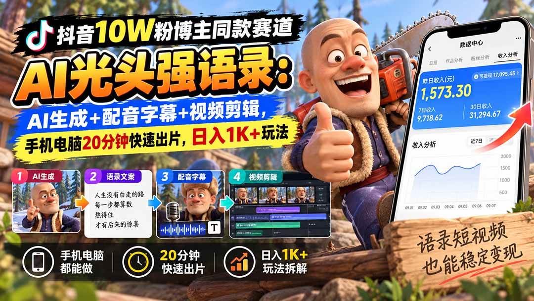 (9.28)【无水印】抖音10W粉博主同款赛道AI光头强语录：AI生成+配音字幕+视频剪辑，手机电脑20分钟快速出片，日入1K+玩法
