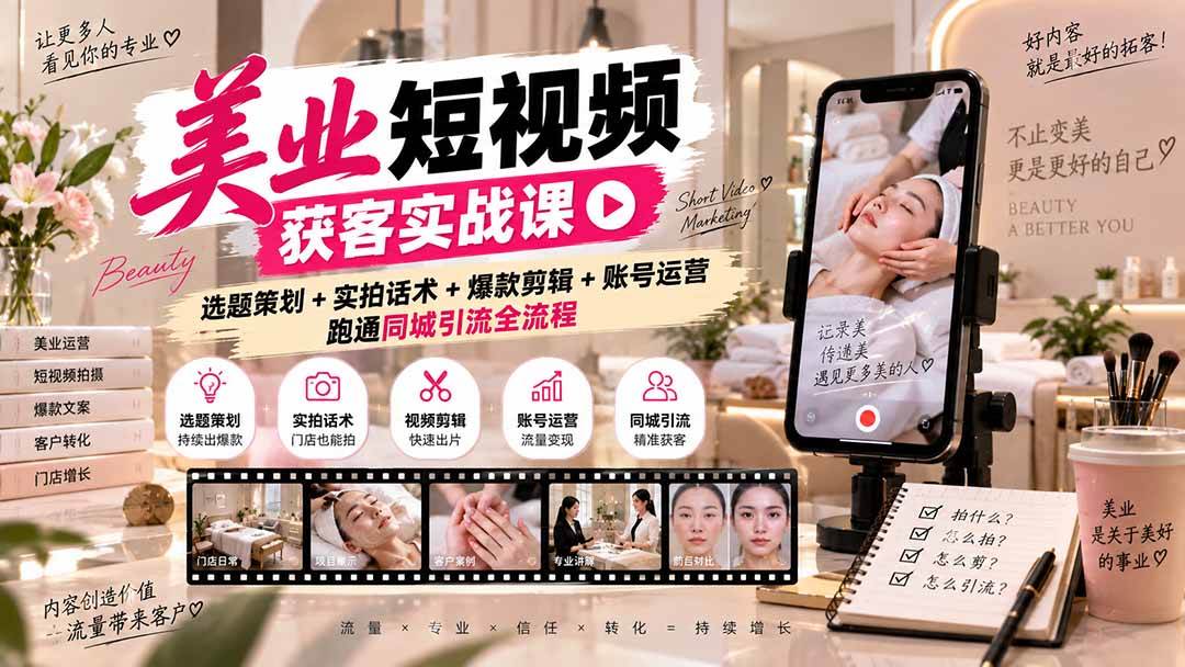 (9.23)美业短视频获客实战课-无水印：选题策划+实拍话术+爆款剪辑+账号运营，跑通同城引流全流程
