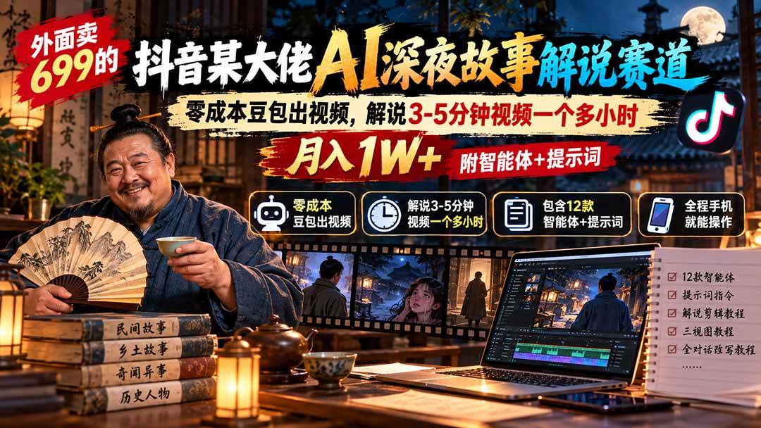 (9.26)外面卖699的抖音某大佬AI深夜故事解说赛道：零成本豆包出视频，解说3-5分钟视频一个多小时，月入1W+附智能体+提示词