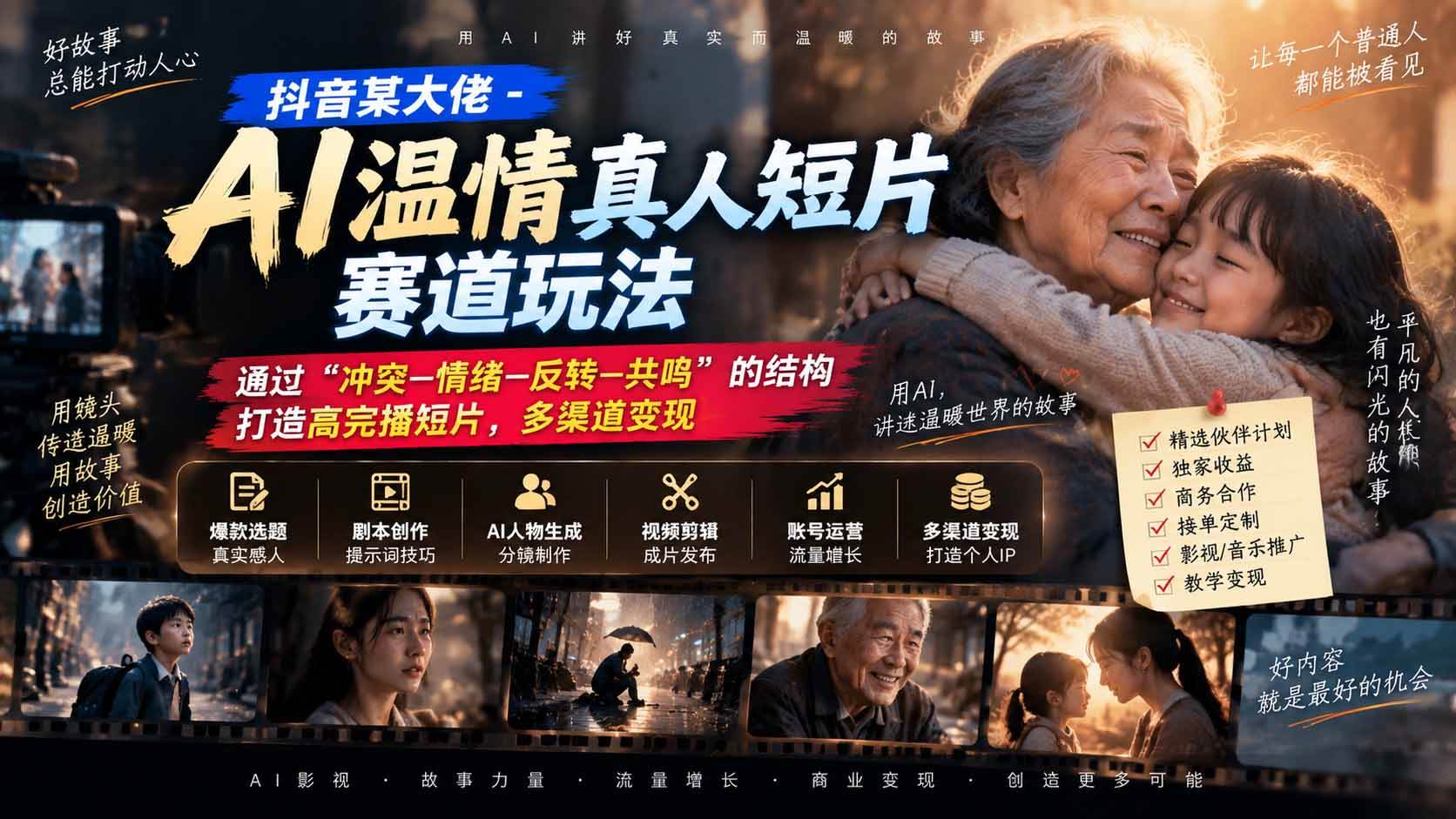 (9.19)抖音某大佬-AI温情真人短片赛道玩法：通过“冲突—情绪—反转—共鸣”的结构打造高完播短片，多渠道变现
